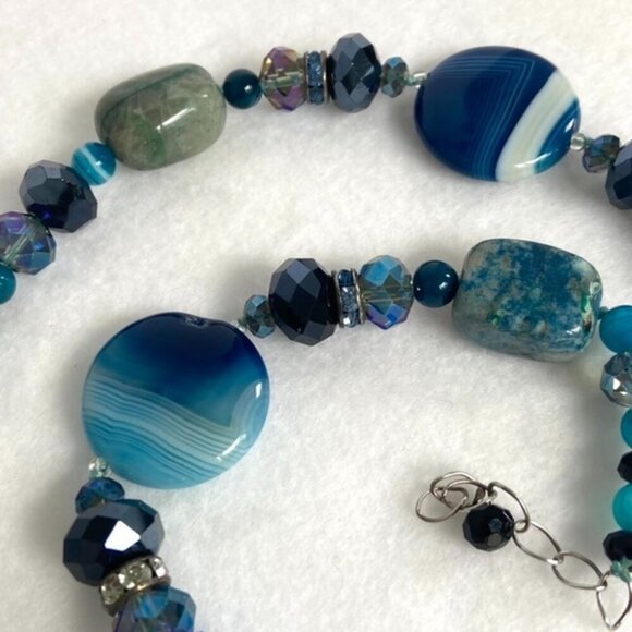 Sterling Silver 925 Blue Dyed Banded Agate & Chrysocolla Quartz Beaded Necklace - Picture 6 of 16